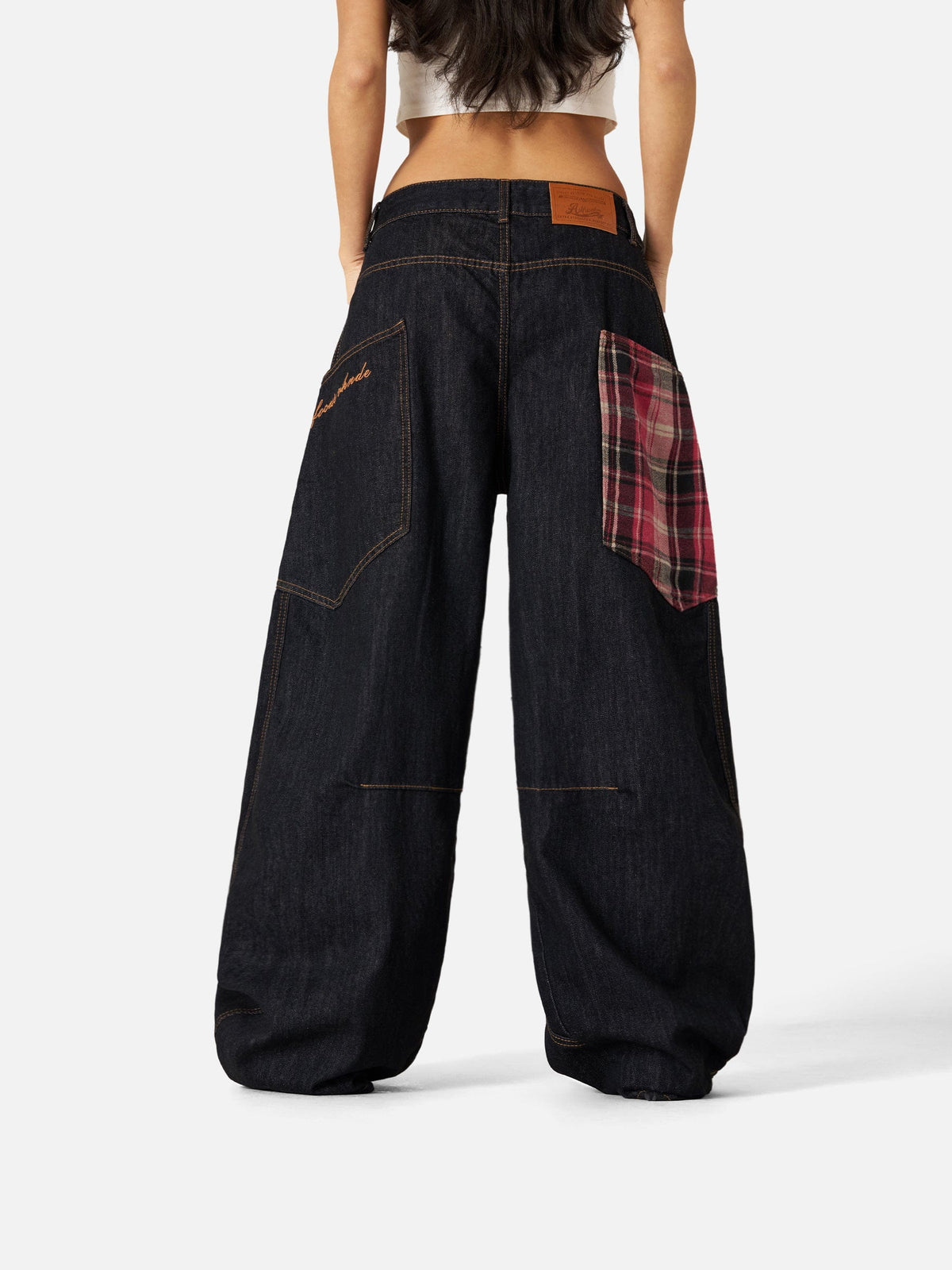 Plaid Pocket Barrel Loose Jeans Black - Aelfric Eden