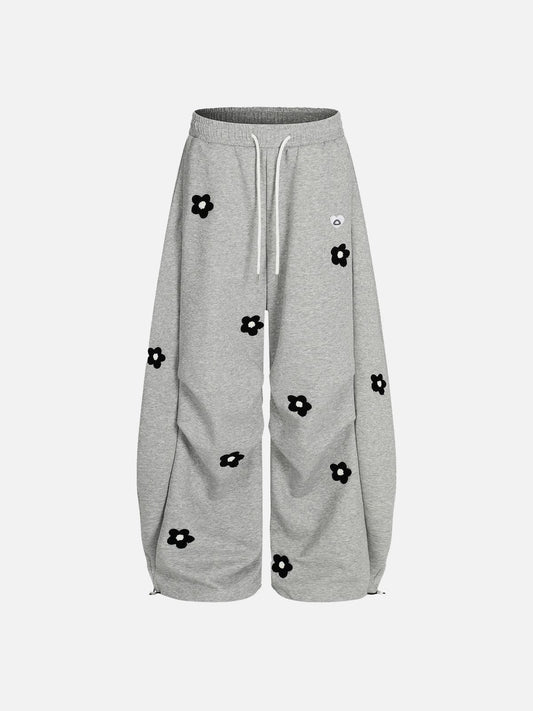 Floral Embroidery Baggy Barrel Sweatpants Grey - Aelfric Eden
