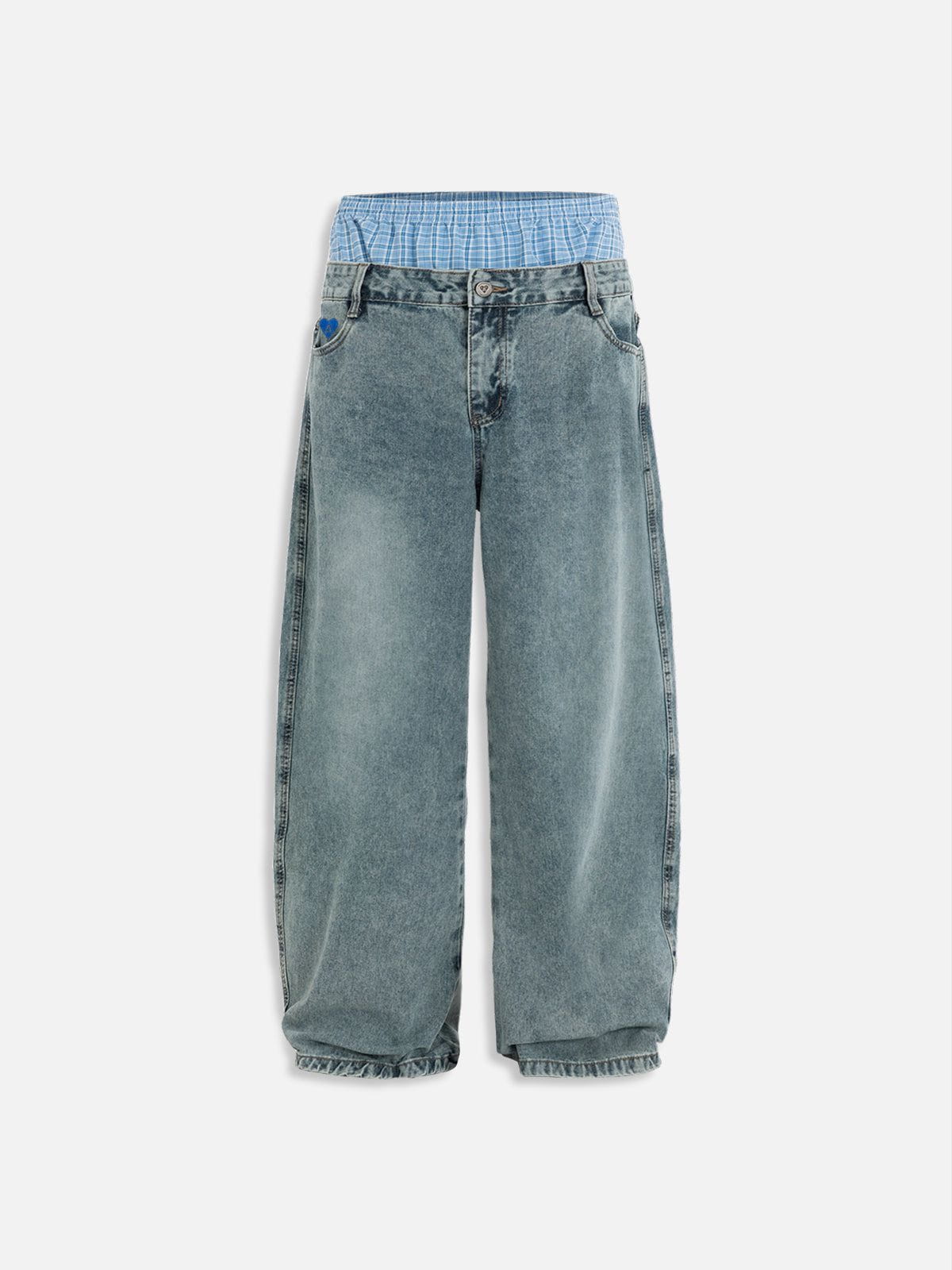 Plaid Patchwork Loose Jeans Blue - Aelfric Eden