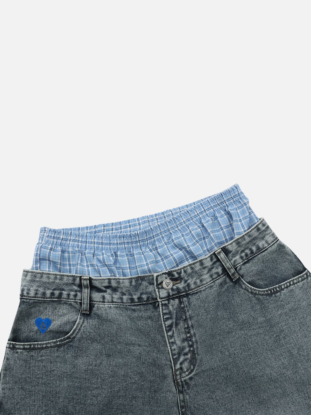 Plaid Patchwork Loose Jeans Blue - Aelfric Eden