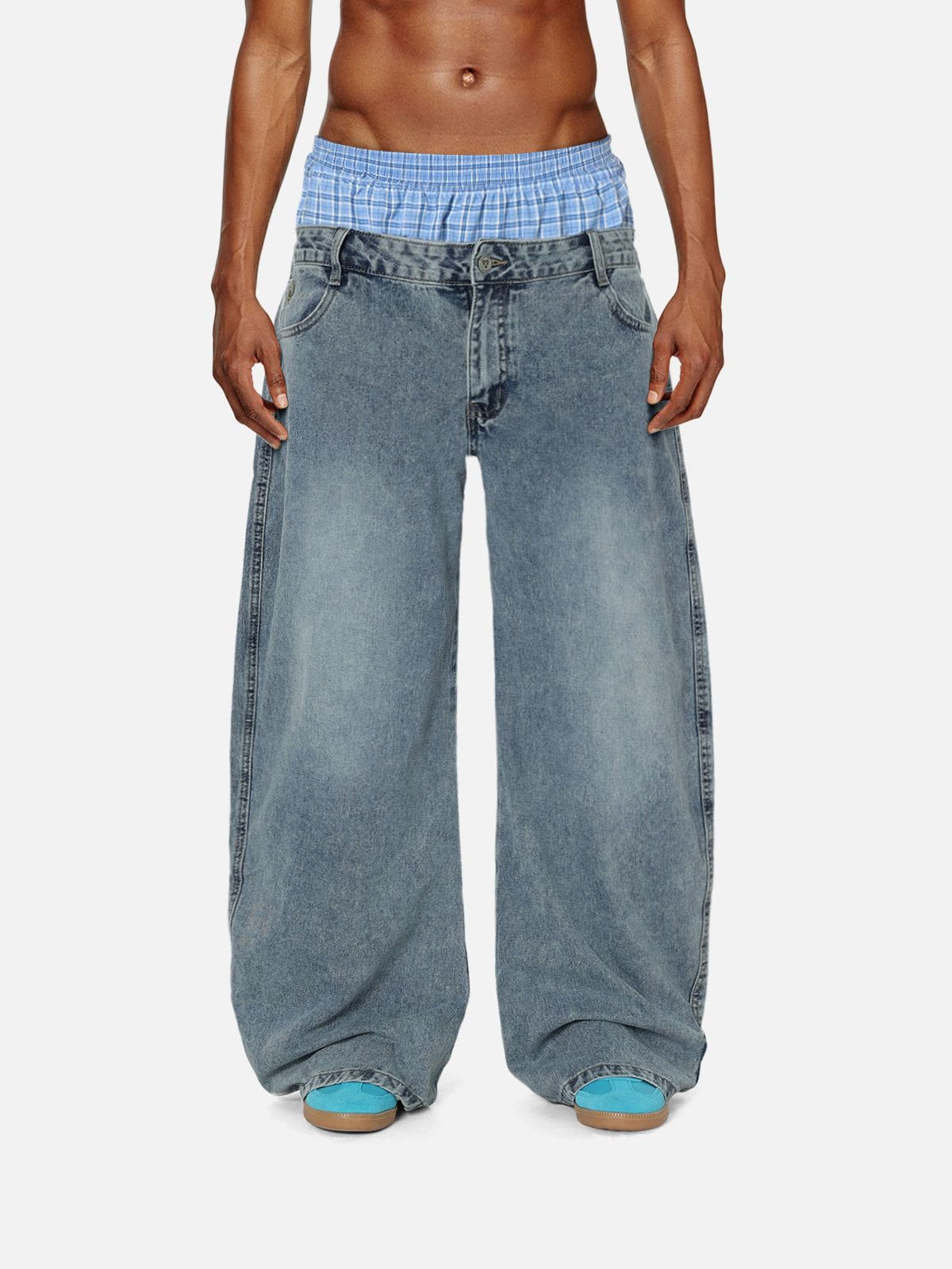 Plaid Patchwork Loose Jeans Blue - Aelfric Eden