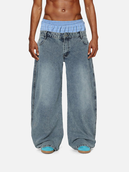 Plaid Patchwork Loose Jeans Blue - Aelfric Eden