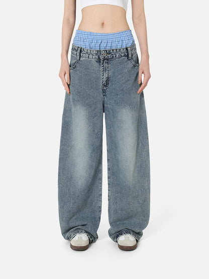 Plaid Patchwork Loose Jeans Blue - Aelfric Eden