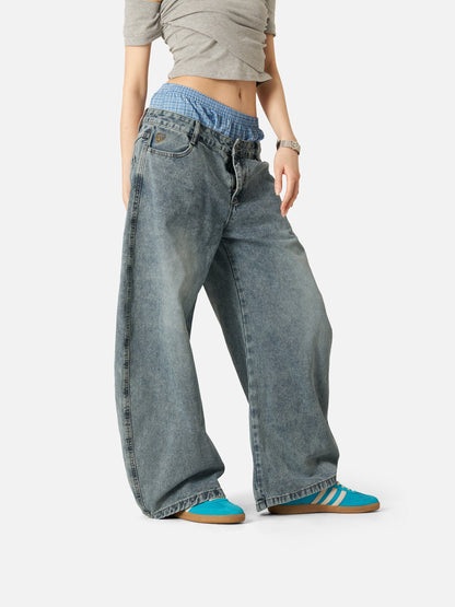 Plaid Patchwork Loose Jeans Blue - Aelfric Eden