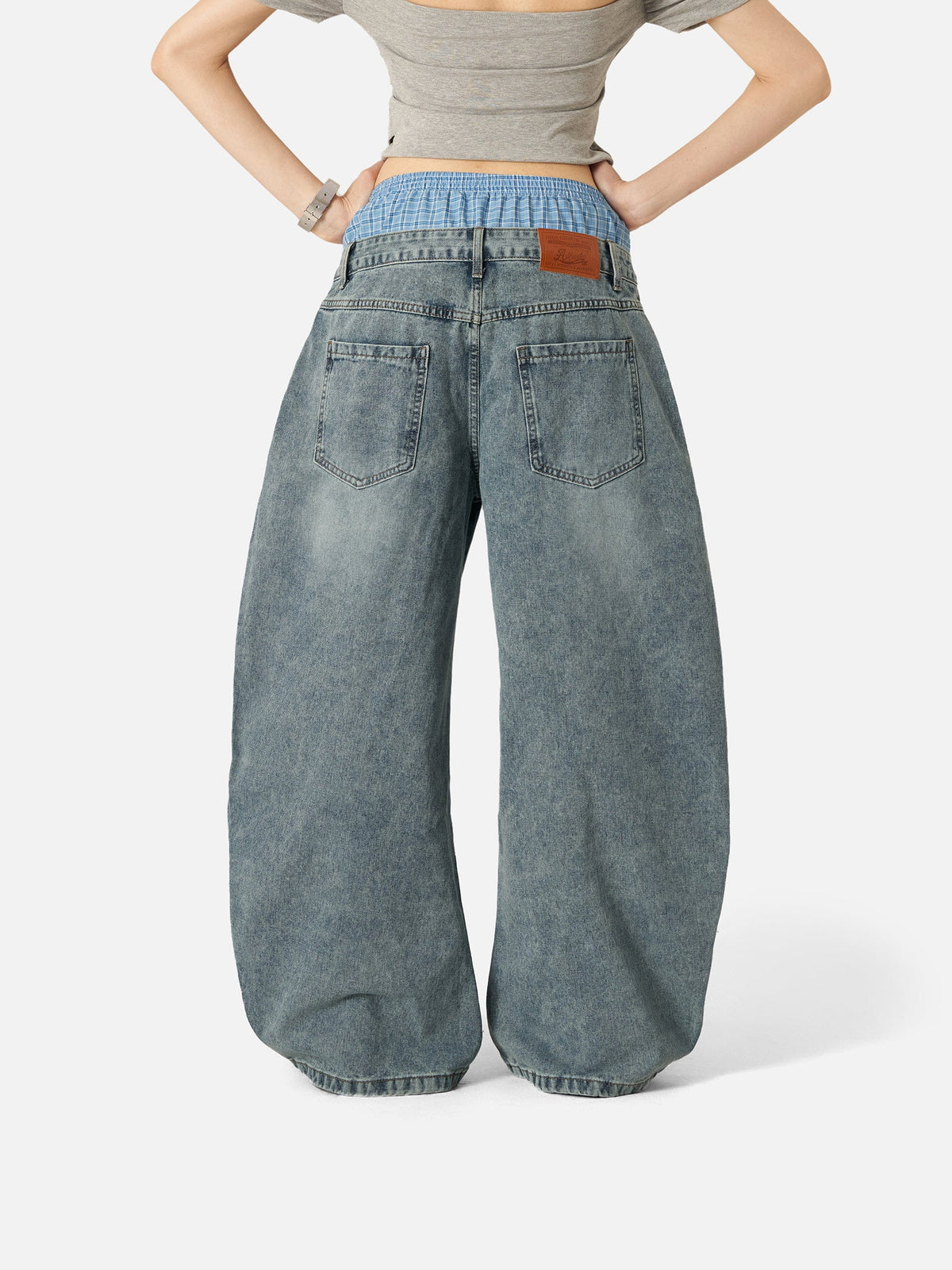 Plaid Patchwork Loose Jeans Blue - Aelfric Eden
