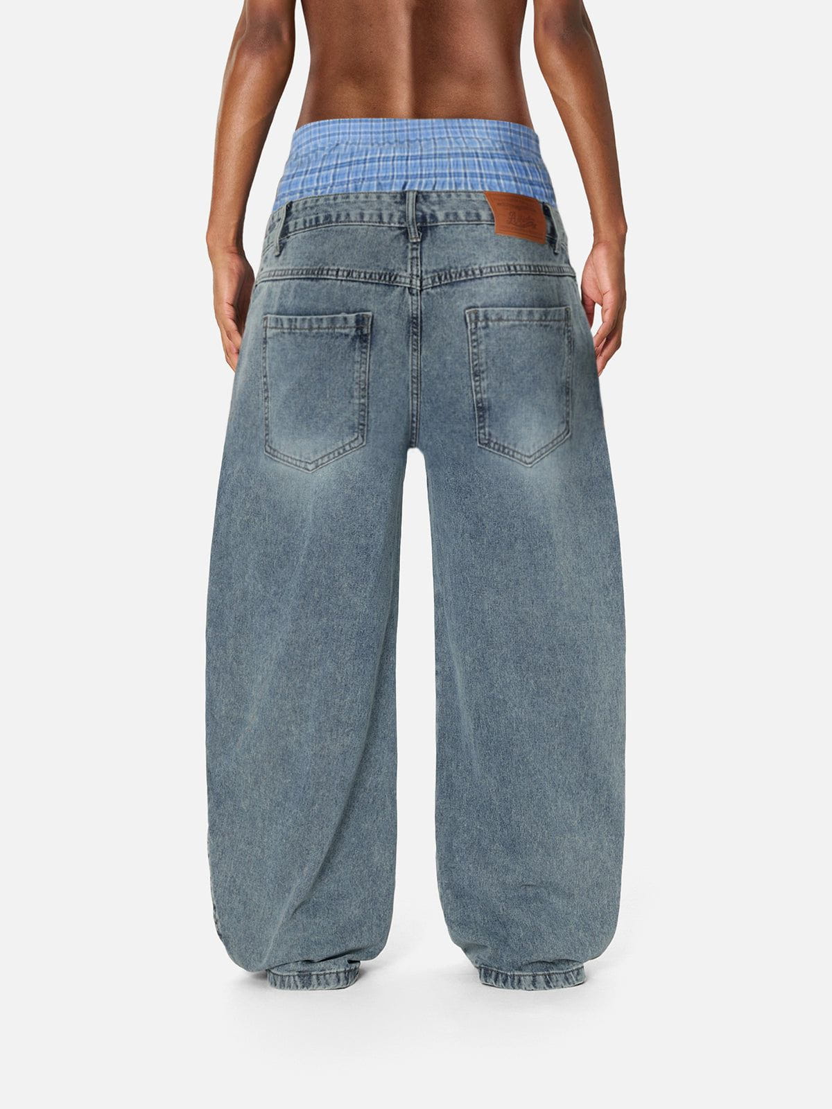 Plaid Patchwork Loose Jeans Blue - Aelfric Eden