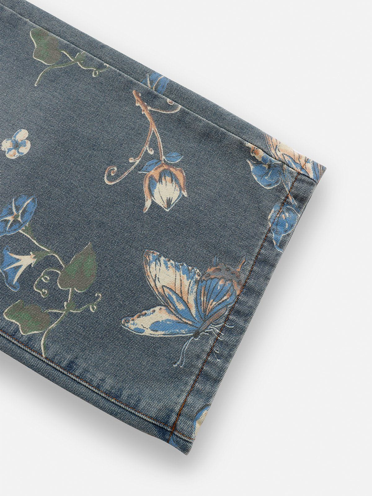 Plant Flower Print Jeans Blue - Aelfric Eden
