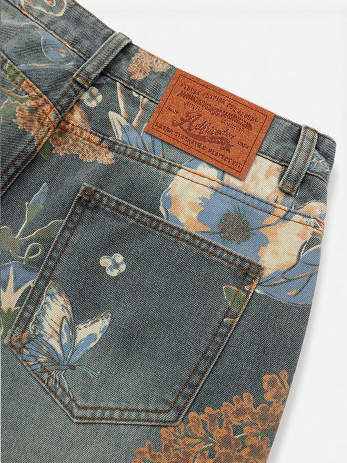 Plant Flower Print Jeans Blue - Aelfric Eden