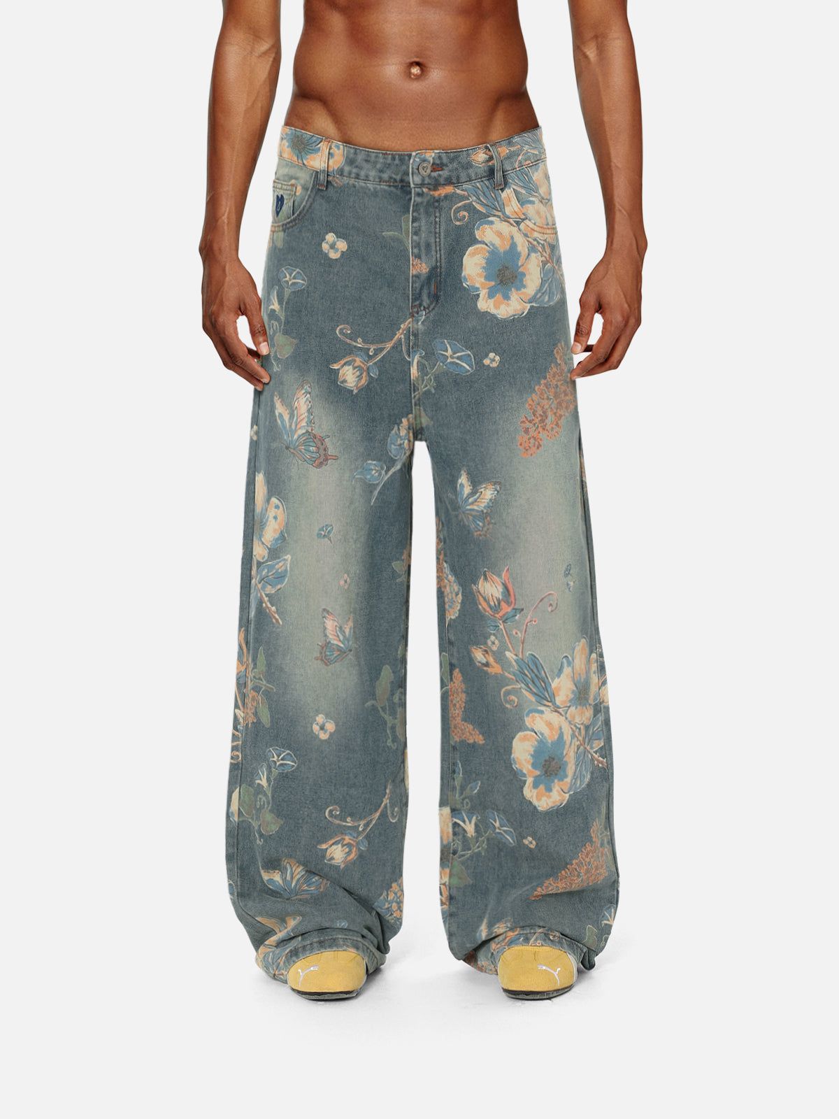 Plant Flower Print Jeans Blue - Aelfric Eden