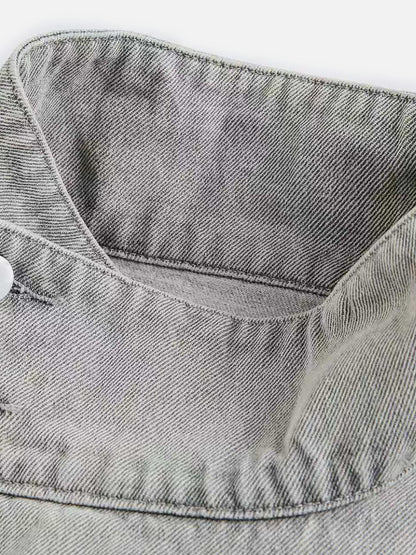 Washed Stand Collar Denim Jacket Grey - Aelfric Eden