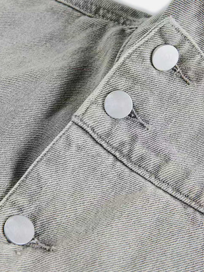 Washed Stand Collar Denim Jacket Grey - Aelfric Eden