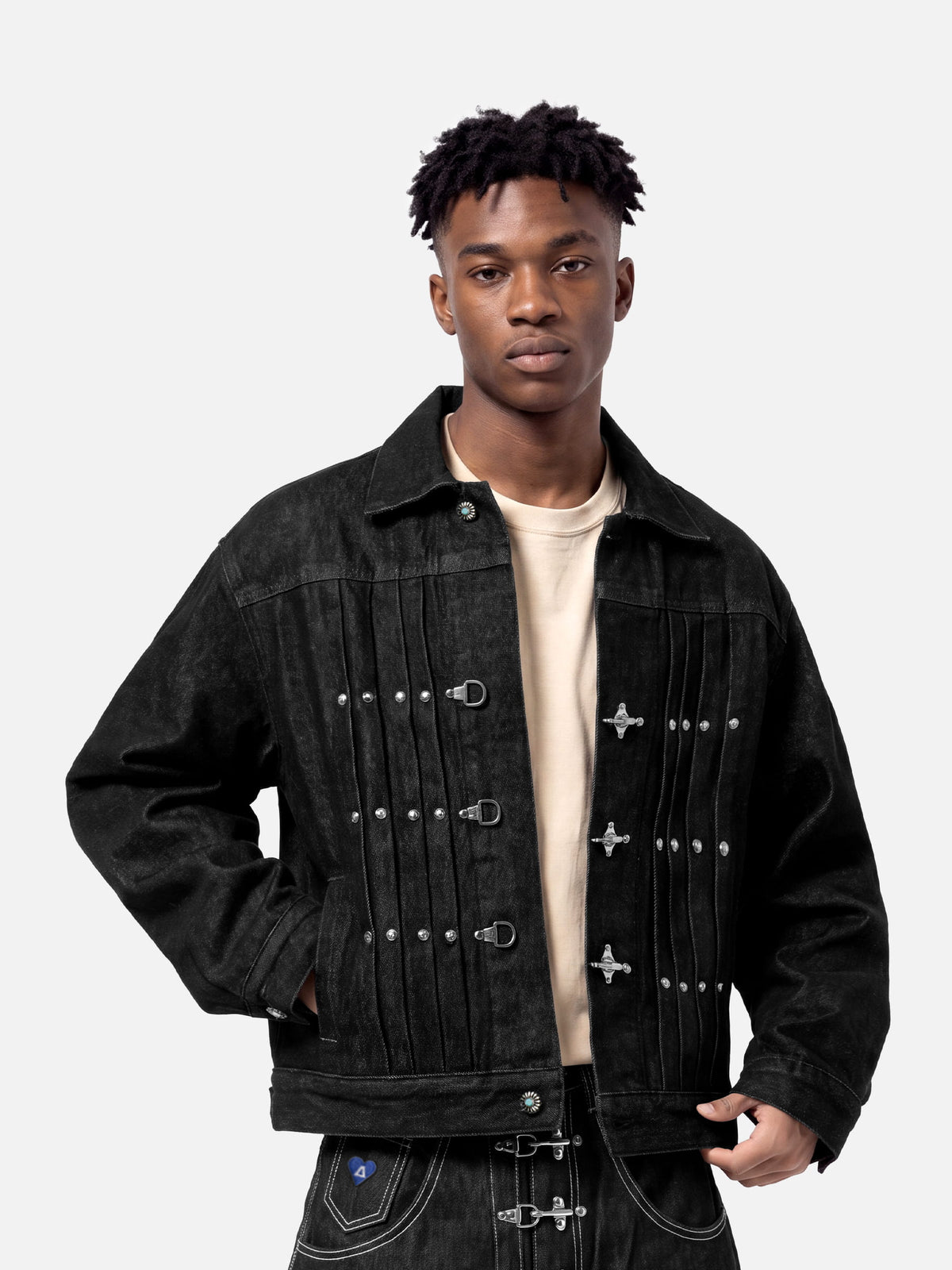 Pleated Metal Button Denim Jacket Black - Aelfric Eden