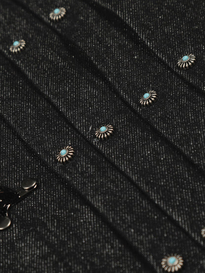 Pleated Metal Button Denim Jacket Black - Aelfric Eden