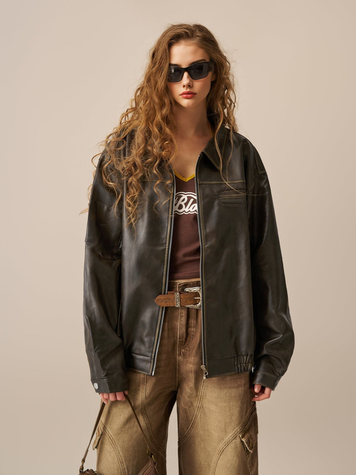 Multi Pocket Faux Leather Crop Jacket Coffee - Aelfric Eden