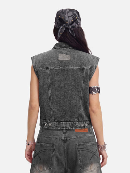 Super Boxy Fireman Clasp Denim Vest Dark Grey - Aelfric Eden
