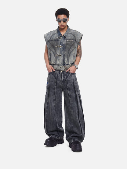 Super Boxy Fireman Clasp Denim Vest Dark Blue - Aelfric Eden