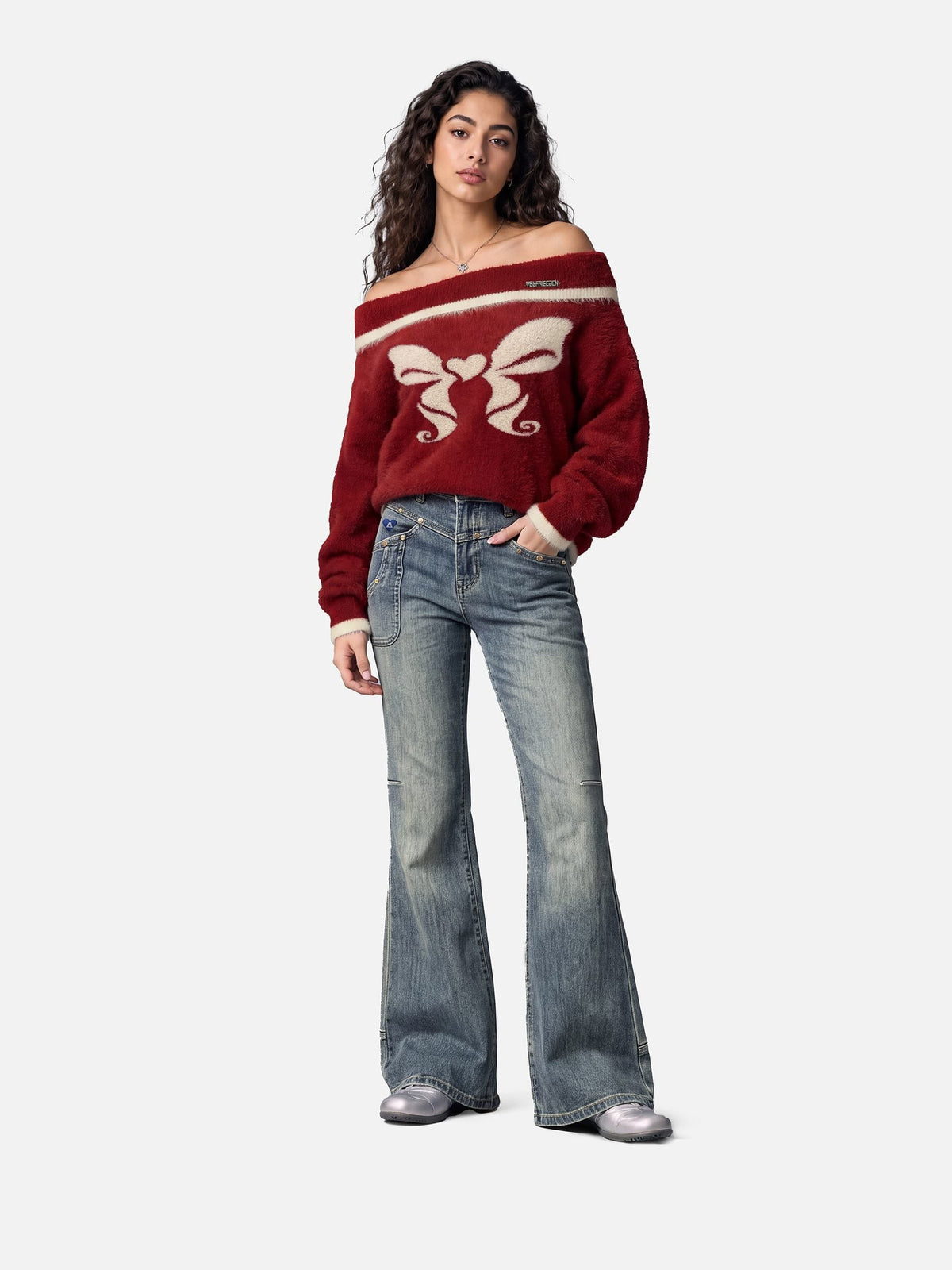 Bow Off-The-Shoulder Sweater Red - Aelfric Eden