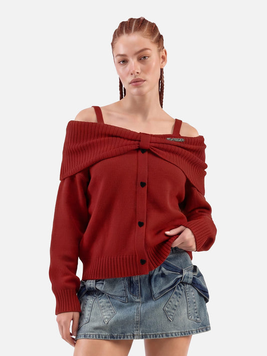 Bow Front Off-The-Shoulder Sweater Red - Aelfric Eden