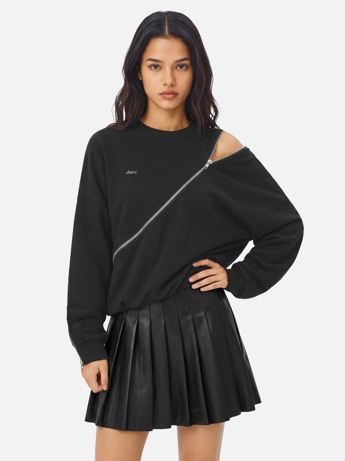 Diagonal Zip Panel Sweatshirt Black - Aelfric Eden