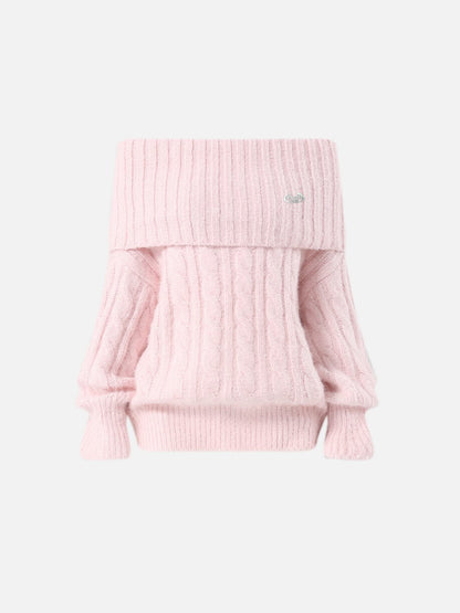 Cable Knit Off-The-Shoulder Sweater Pink - Aelfric Eden
