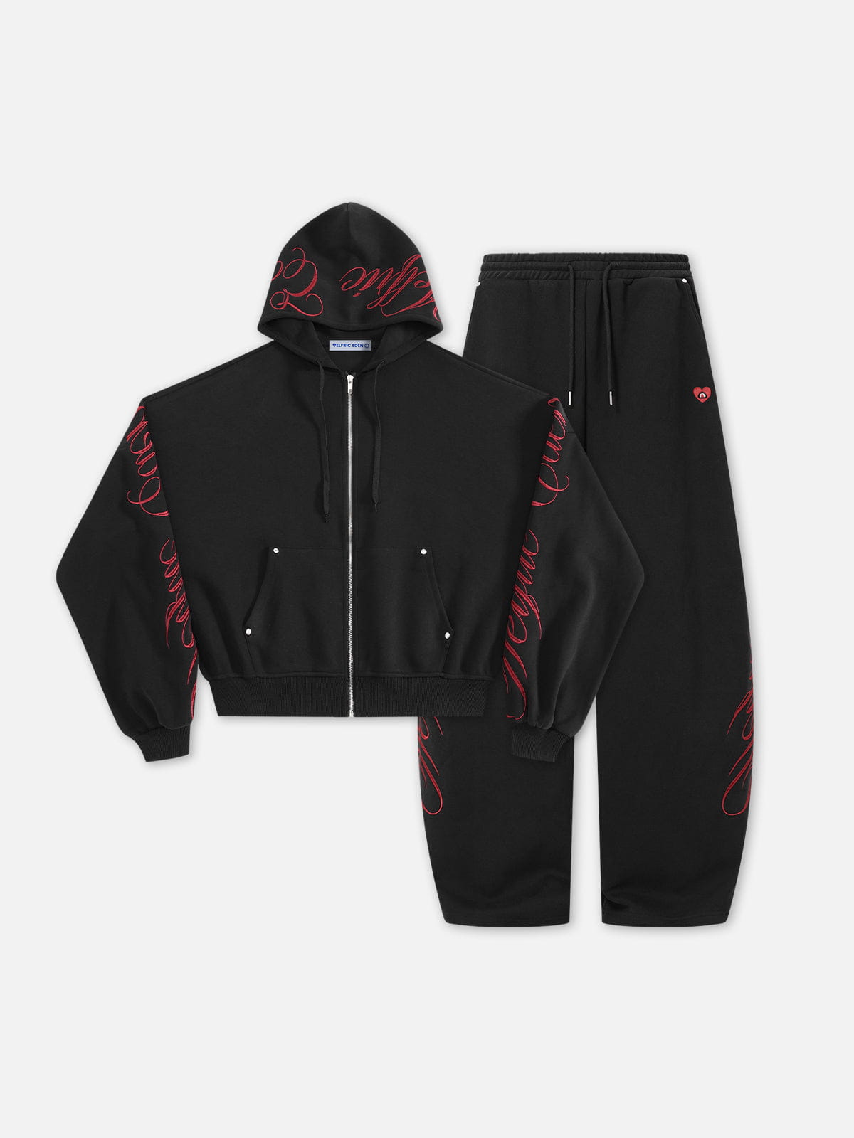Boxy Script Embroidery Hoodie Sets Black - Aelfric Eden