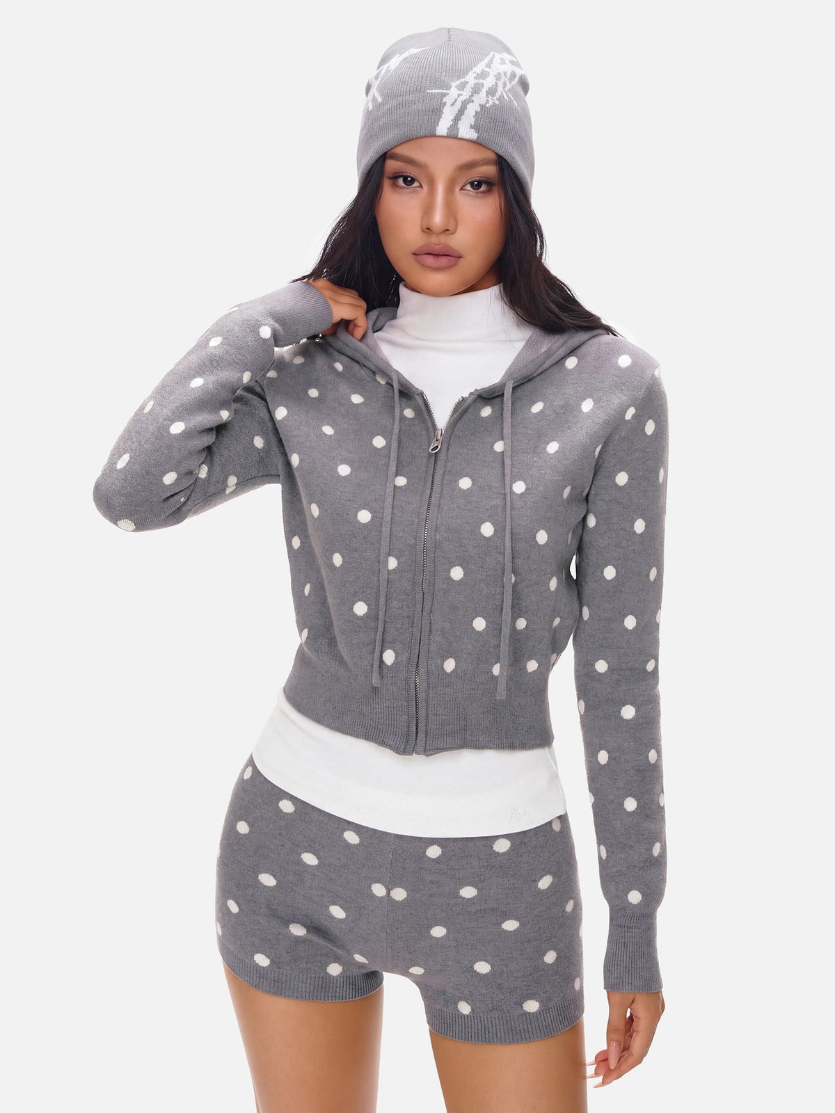 Polka Dot Knit Hoodie Sets Grey - Aelfric Eden
