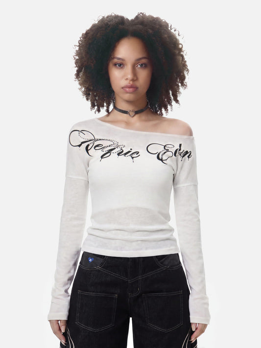 Off-The-Shoulder Script Long Sleeve Tee White - Aelfric Eden