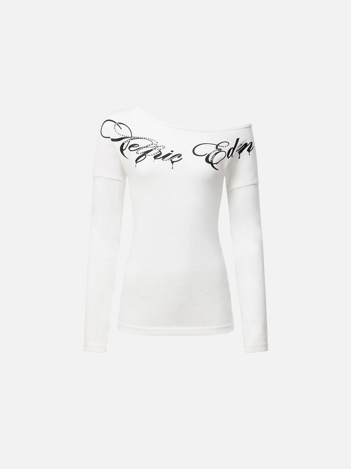 Off-The-Shoulder Script Long Sleeve Tee White - Aelfric Eden