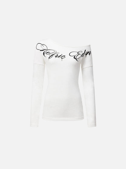 Off-The-Shoulder Script Long Sleeve Tee White - Aelfric Eden