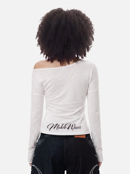 Off-The-Shoulder Script Long Sleeve Tee White - Aelfric Eden