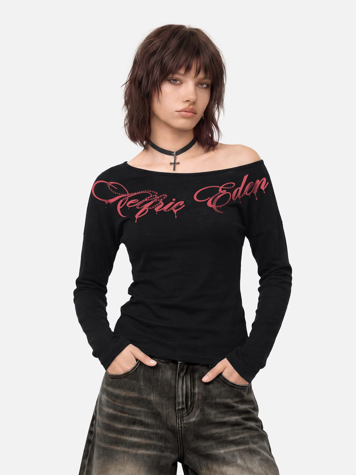 Off-The-Shoulder Script Long Sleeve Tee White - Aelfric Eden
