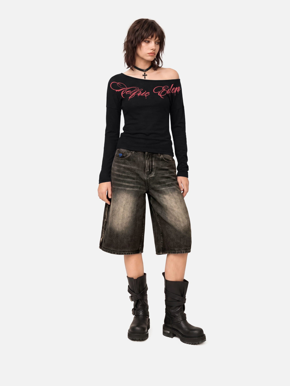 Off-The-Shoulder Script Long Sleeve Tee White - Aelfric Eden