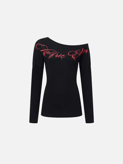 Off-The-Shoulder Script Long Sleeve Tee White - Aelfric Eden