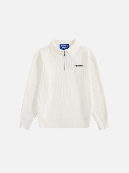 Half-Zip Polo Collar Sweater White - Aelfric Eden