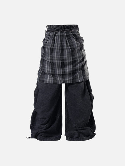 Detachable Plaid Layer Baggy Jeans Black - Aelfric Eden