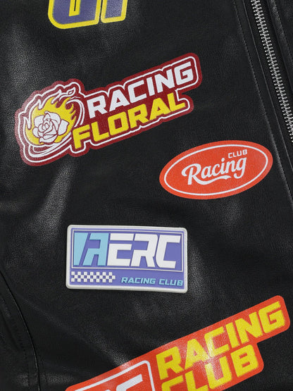 Racing Logo Patches Faux Leather Jacket Black - Aelfric Eden