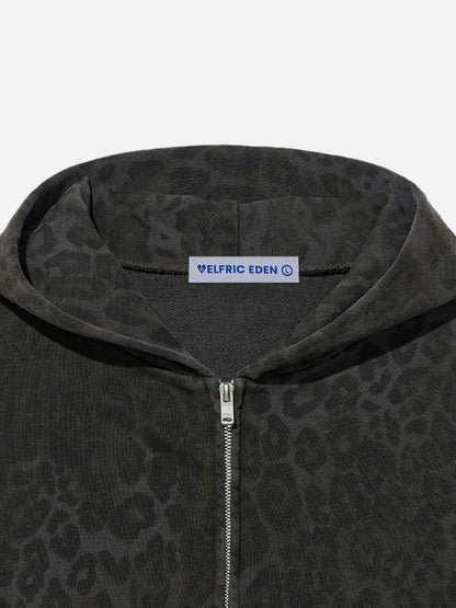 Washed Leopard Zip Up Hoodie Dark Green - Aelfric Eden