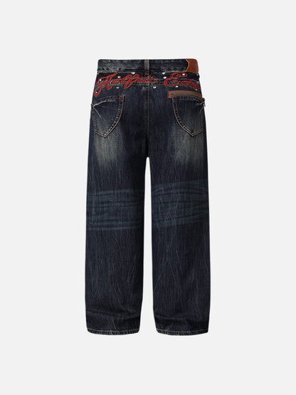 Embroidery Rhinestone Jeans Dark Blue - Aelfric Eden
