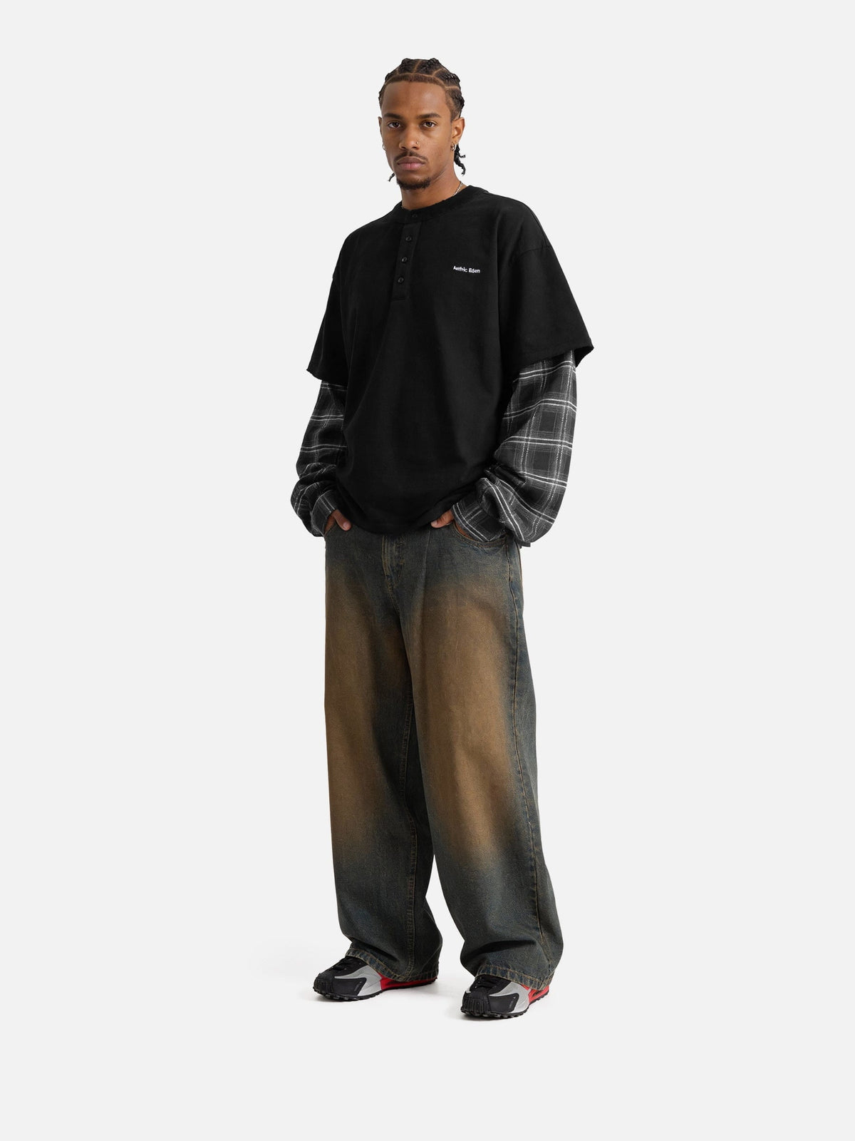 Plaid Layered Long Sleeve Tee Black - Aelfric Eden