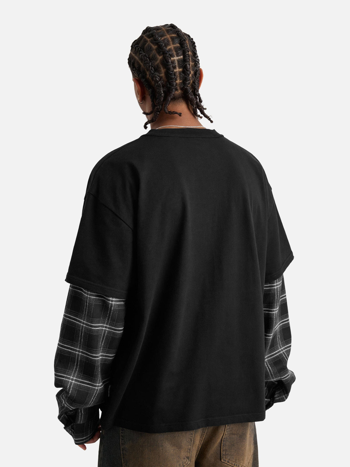 Plaid Layered Long Sleeve Tee Black - Aelfric Eden