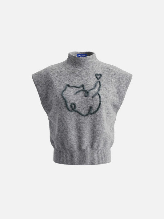 Cat Embroidered Sweater Vest Grey - Aelfric Eden