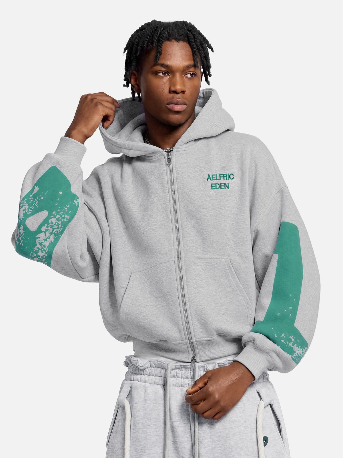 Boxy Graphic Zip Up Hoodie Grey - Aelfric Eden
