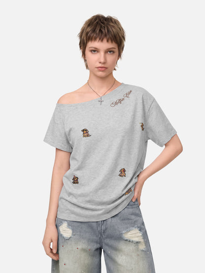 Dachshund Embroidery Off-The-Shoulder Tee Grey - Aelfric Eden