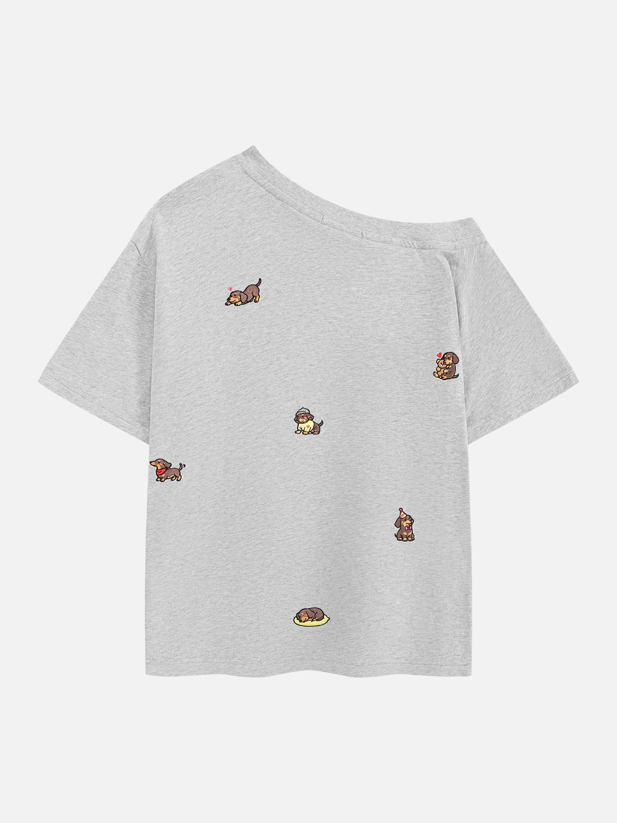 Dachshund Embroidery Off-The-Shoulder Tee Grey - Aelfric Eden