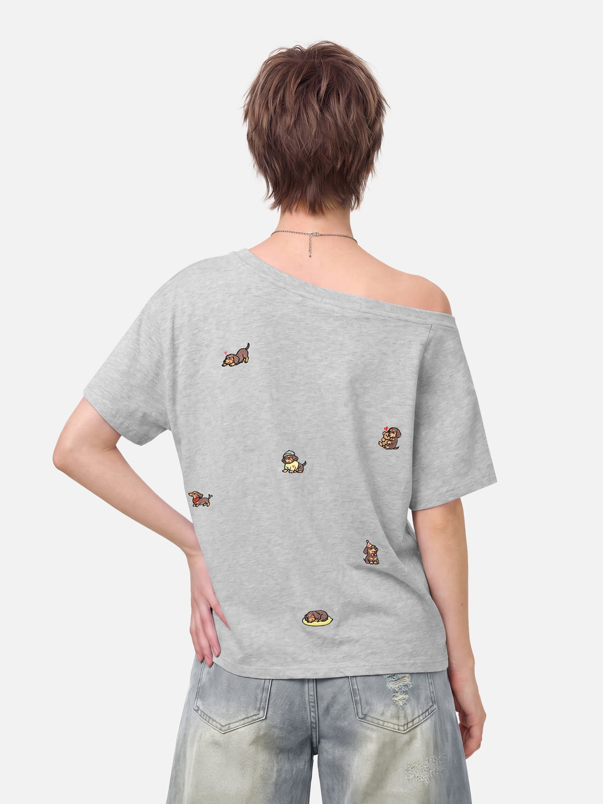 Dachshund Embroidery Off-The-Shoulder Tee Grey - Aelfric Eden
