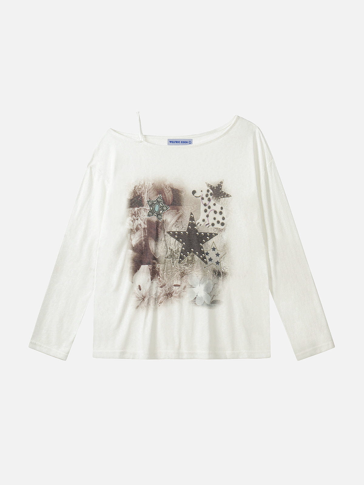 Star Collage Off-The-Shoulder Long Sleeve Tee White - Aelfric Eden