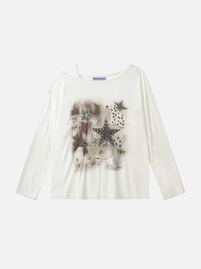 Star Collage Off-The-Shoulder Long Sleeve Tee White - Aelfric Eden