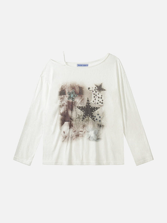 Star Collage Off-The-Shoulder Long Sleeve Tee White - Aelfric Eden