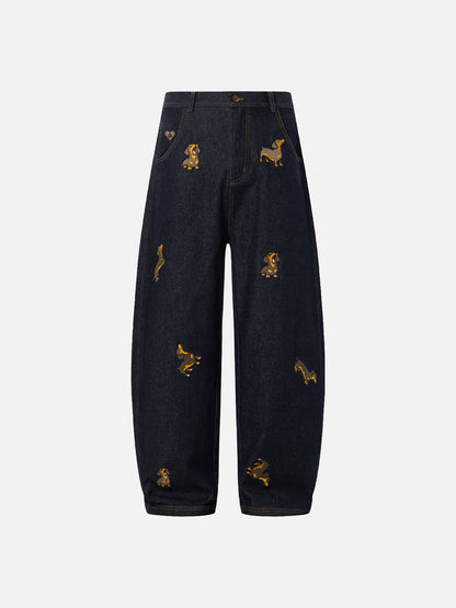 Dachshund Embroidered Baggy Jeans Blue - Aelfric Eden