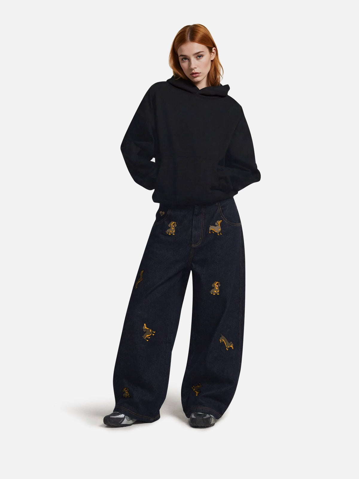 Dachshund Embroidered Baggy Jeans Blue - Aelfric Eden